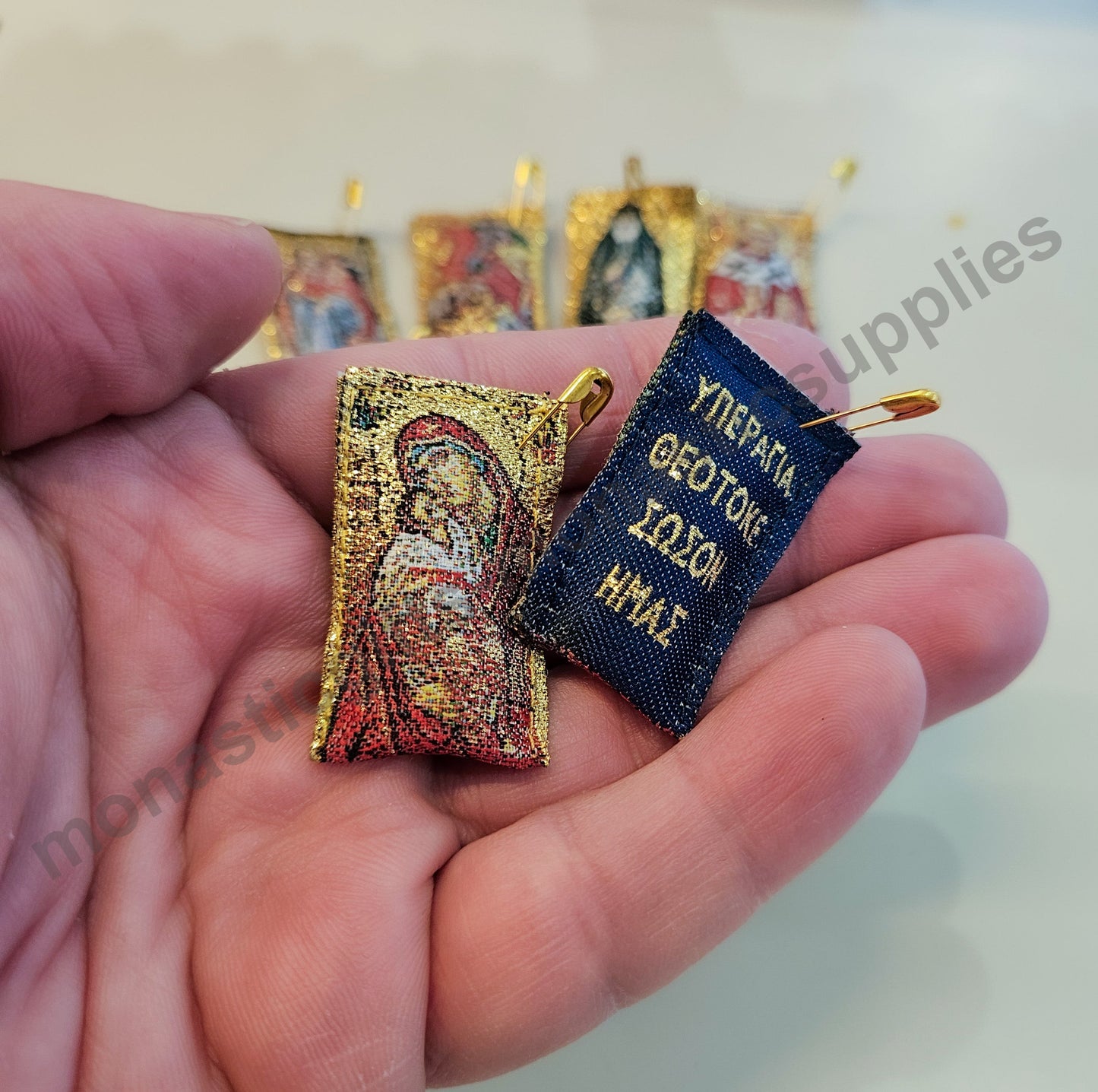 Virgin Mary Protection Amulet , Filakto – Handstitched Gold Filakto from Greece