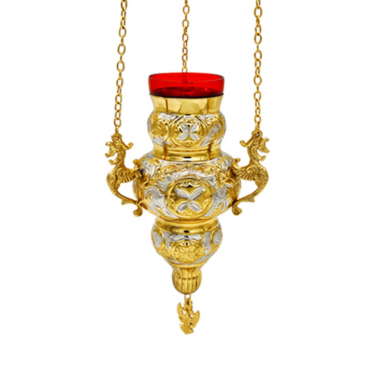 Hanging Vigil Lamp Kandili Corfu Style Two Tone Gold Silver Plated Eagle 21cm Red Glass