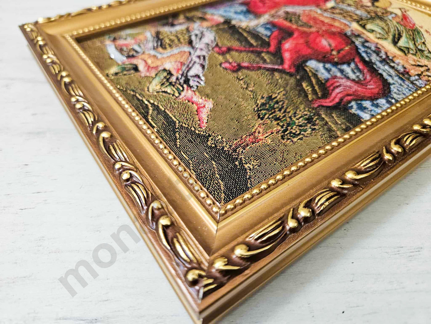 Handmade Christian Embroidered icon of Saint Demetrios in a frame,Religious art.