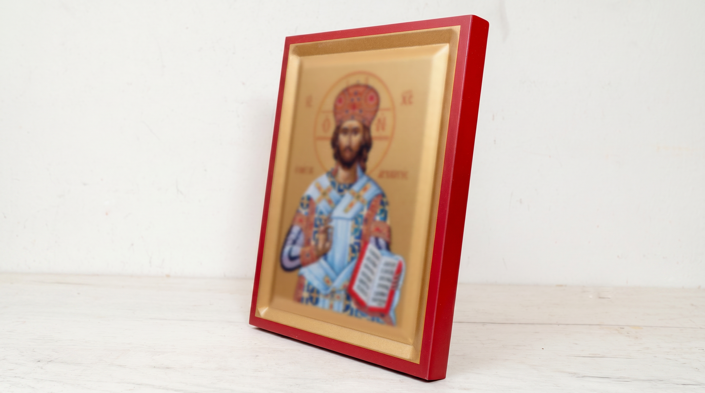 Jesus Christ Pantocrator Silk Screen Byzantine Icon - Premium Canvas on Red Wooden Panel