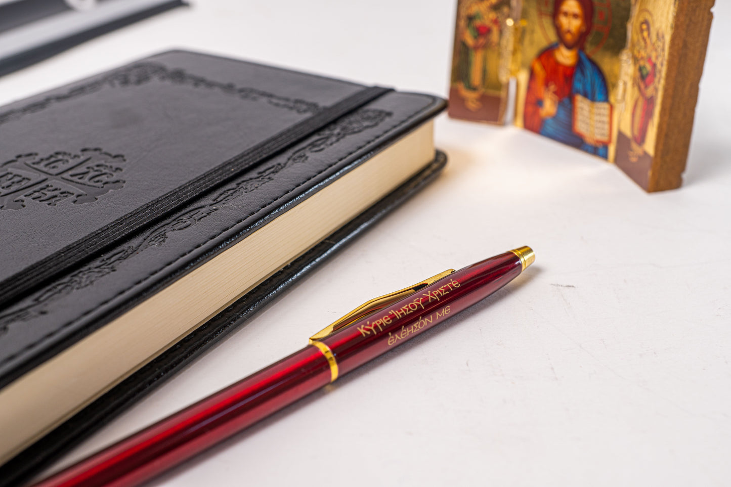 Orthodox Leather Notebook with Prayer Pen — Embossed Cover, Elastic Band Closure, Bookmark & Hidden Pocket
