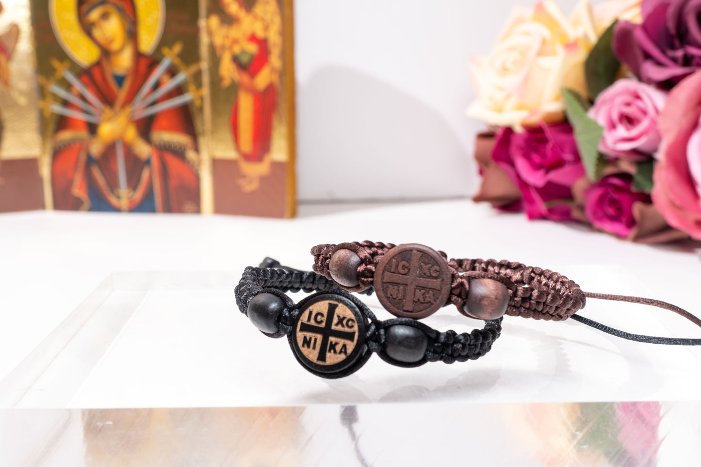 Handcrafted black and brown macrame Orthodox prayer bracelets with round IC XC NIKA wooden centerpieces