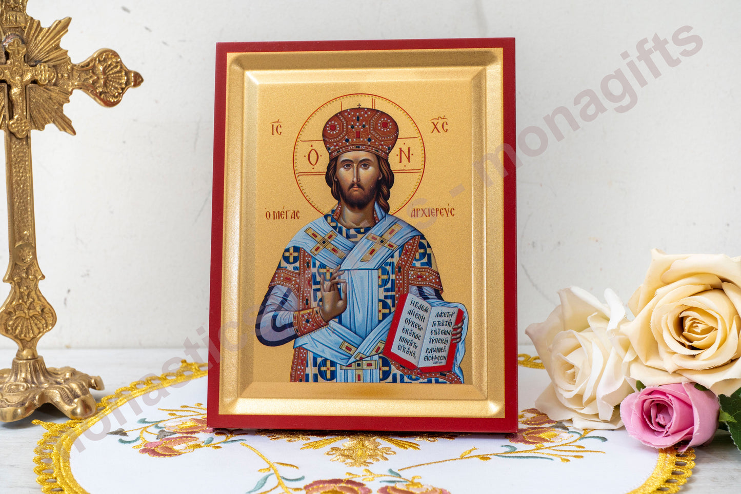 Jesus Christ the High Priest Icon Handmade on Golden Silk Canvas,Stunning Detail