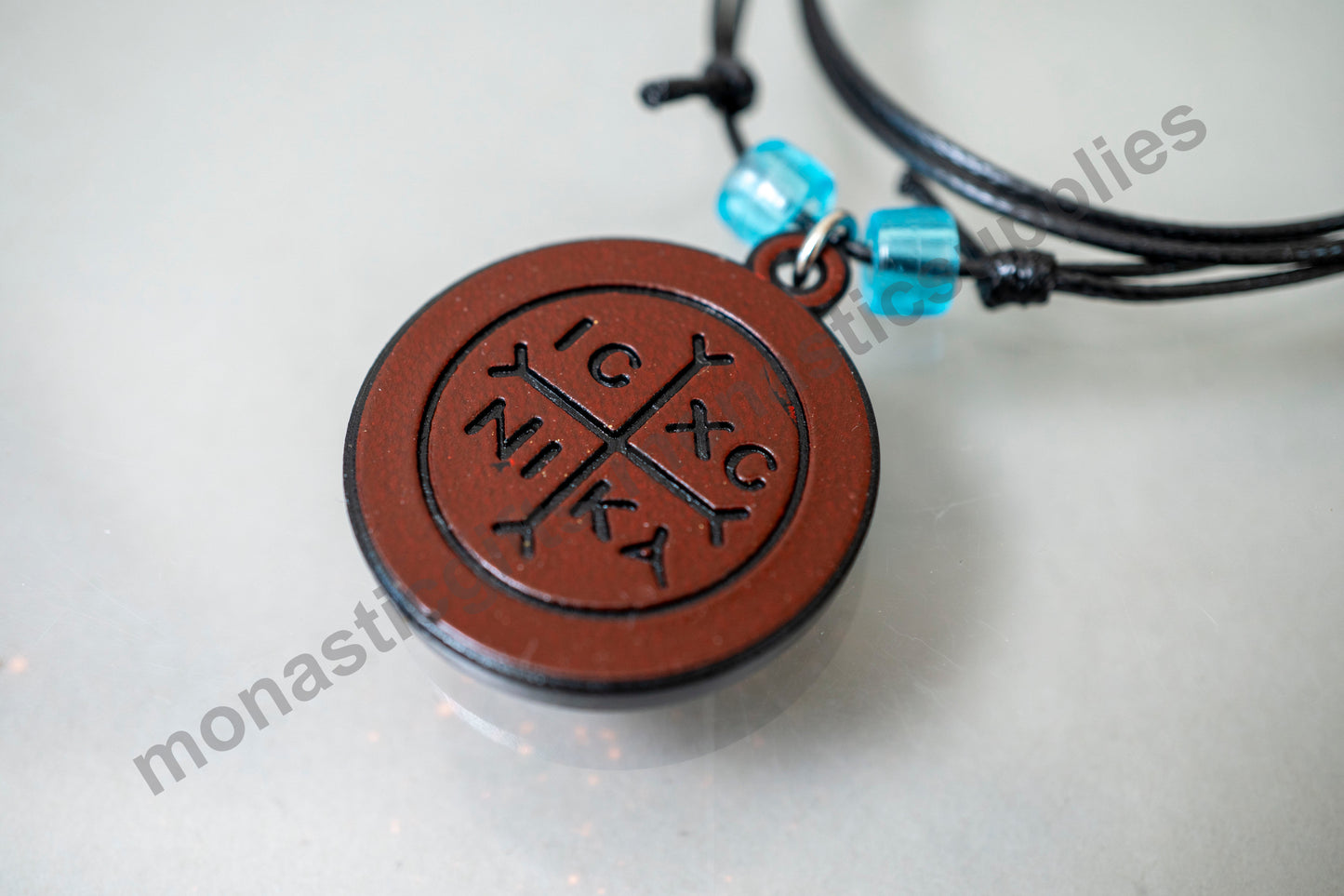 Leather Necklace with Wooden Virgin Mary Icon – ICXC NIKA Symbol – Resin Protect