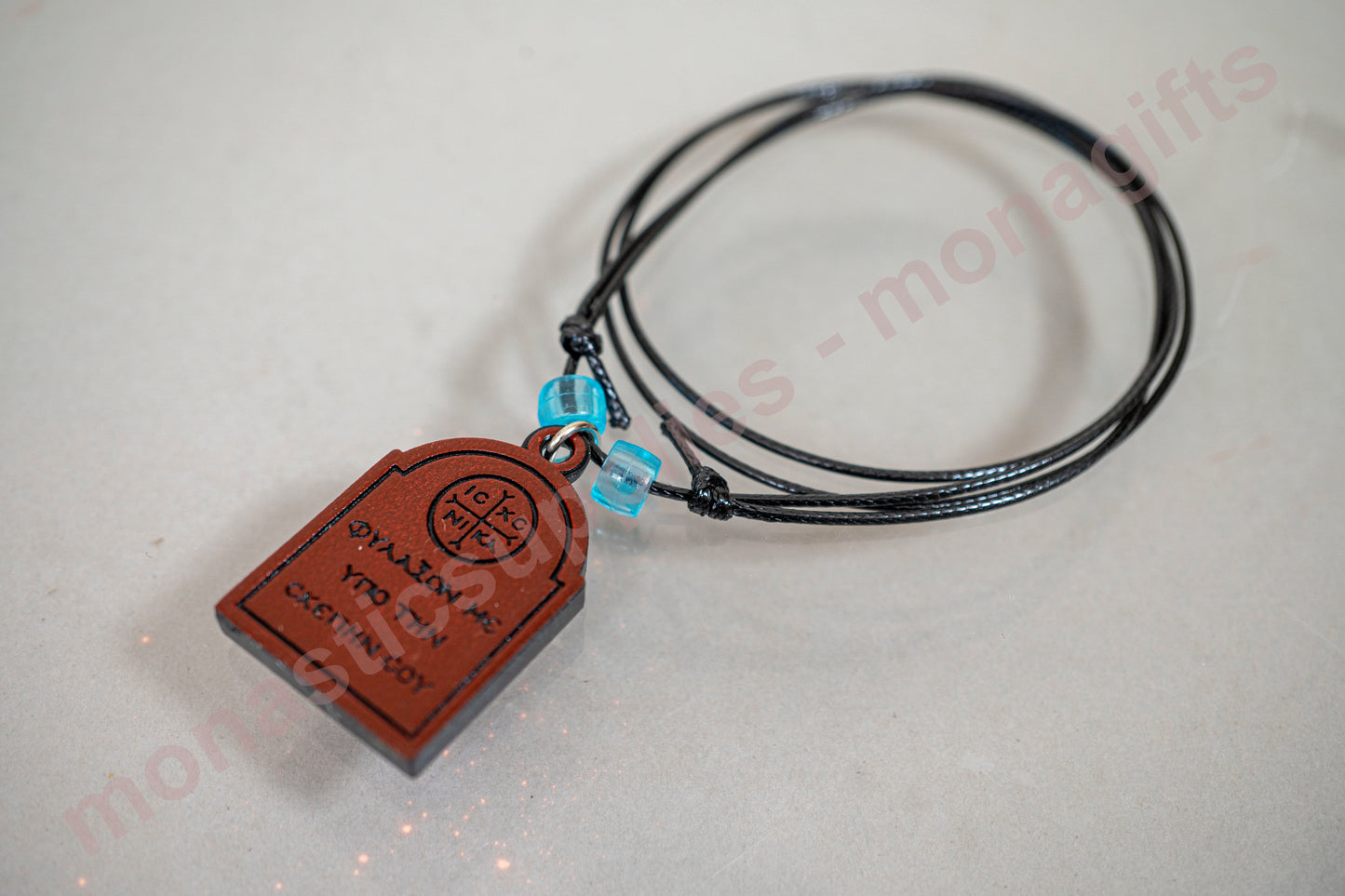 Leather Necklace with Wooden Virgin Mary Icon – with prayer - Resin Protect