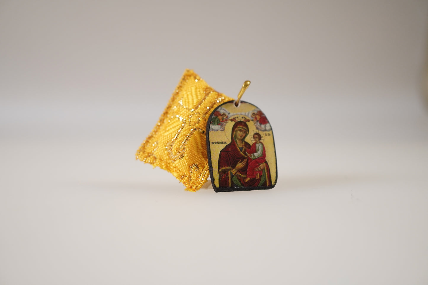 Handcrafted Fabric Orthodox Filakto Amulet Pendant with Icon of Mother of God Panagia from Tinos Island