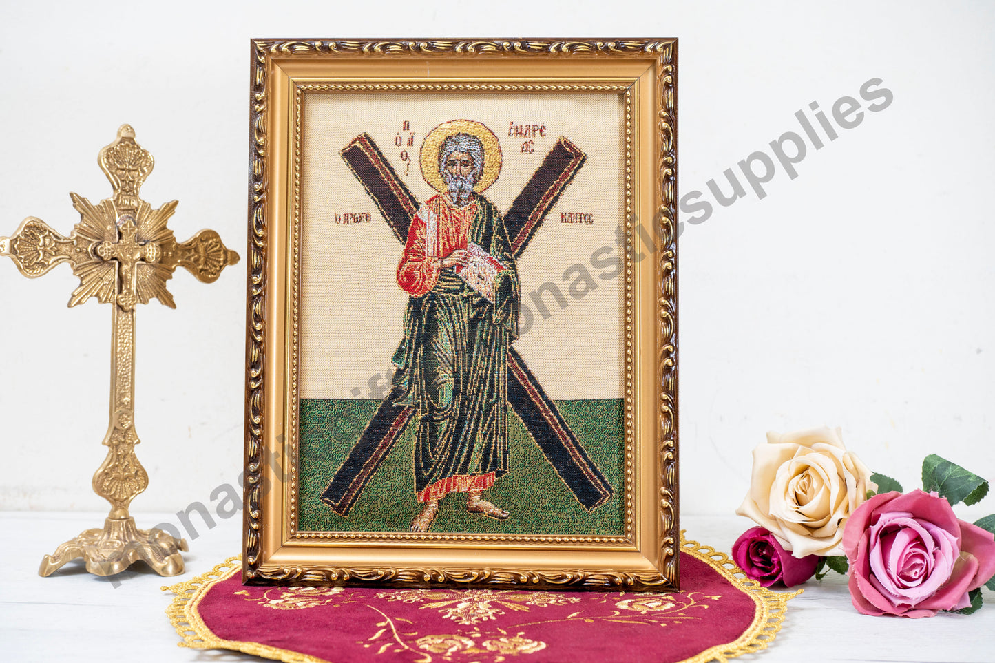 Handmade Christian Embroidered Icon of Saint Andrew in a Frame –Religious Art