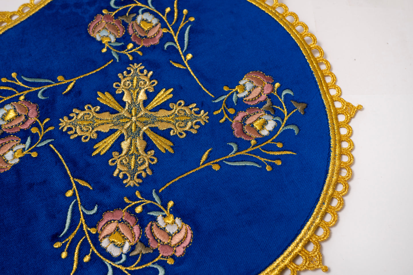 Altar Christian Cloth Embroidered with Flowers and Cross In ecclesiastical Blue