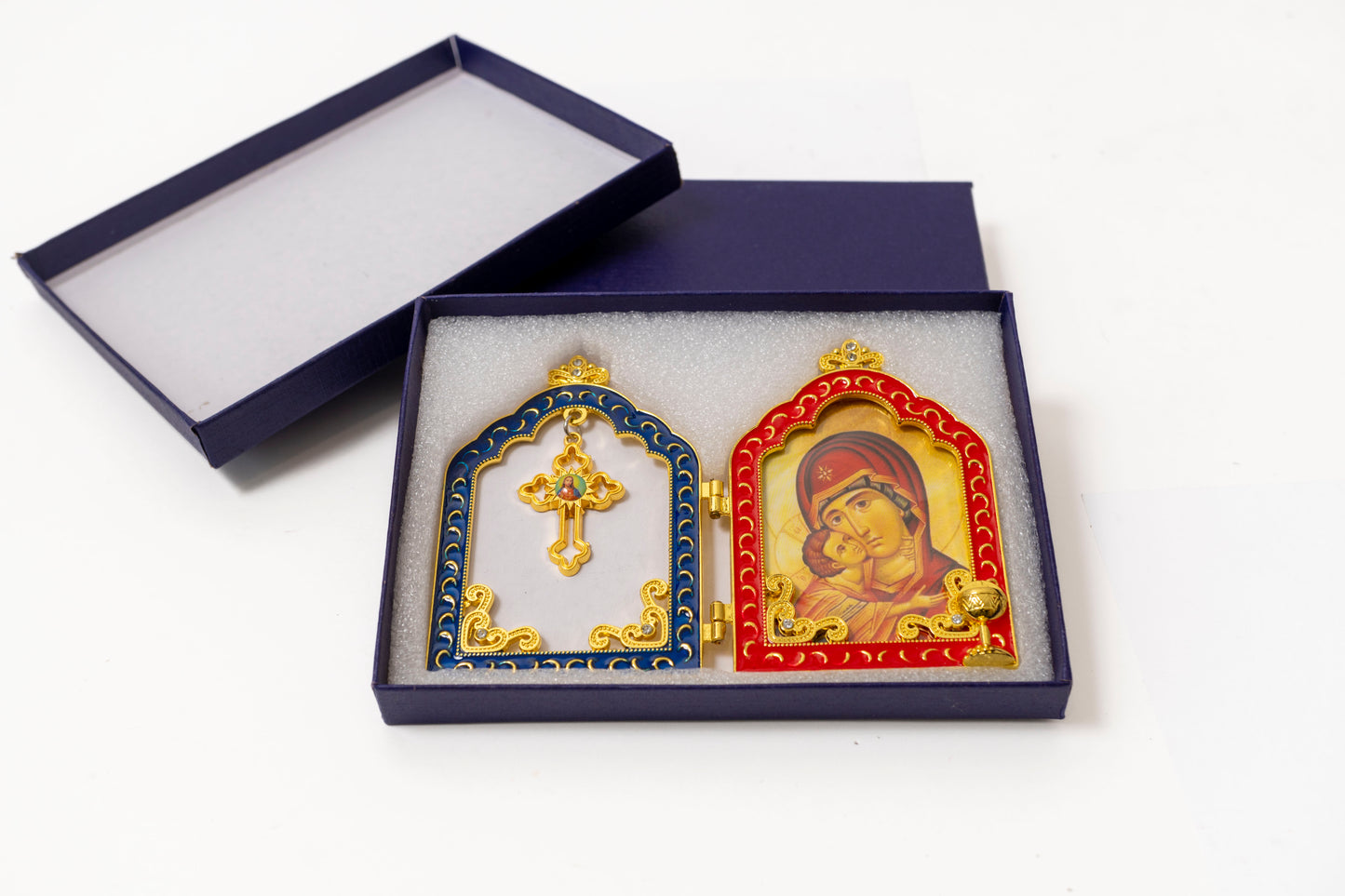 Diptych Christian Icon The Virgin Mary and Window Adorned with Cross .