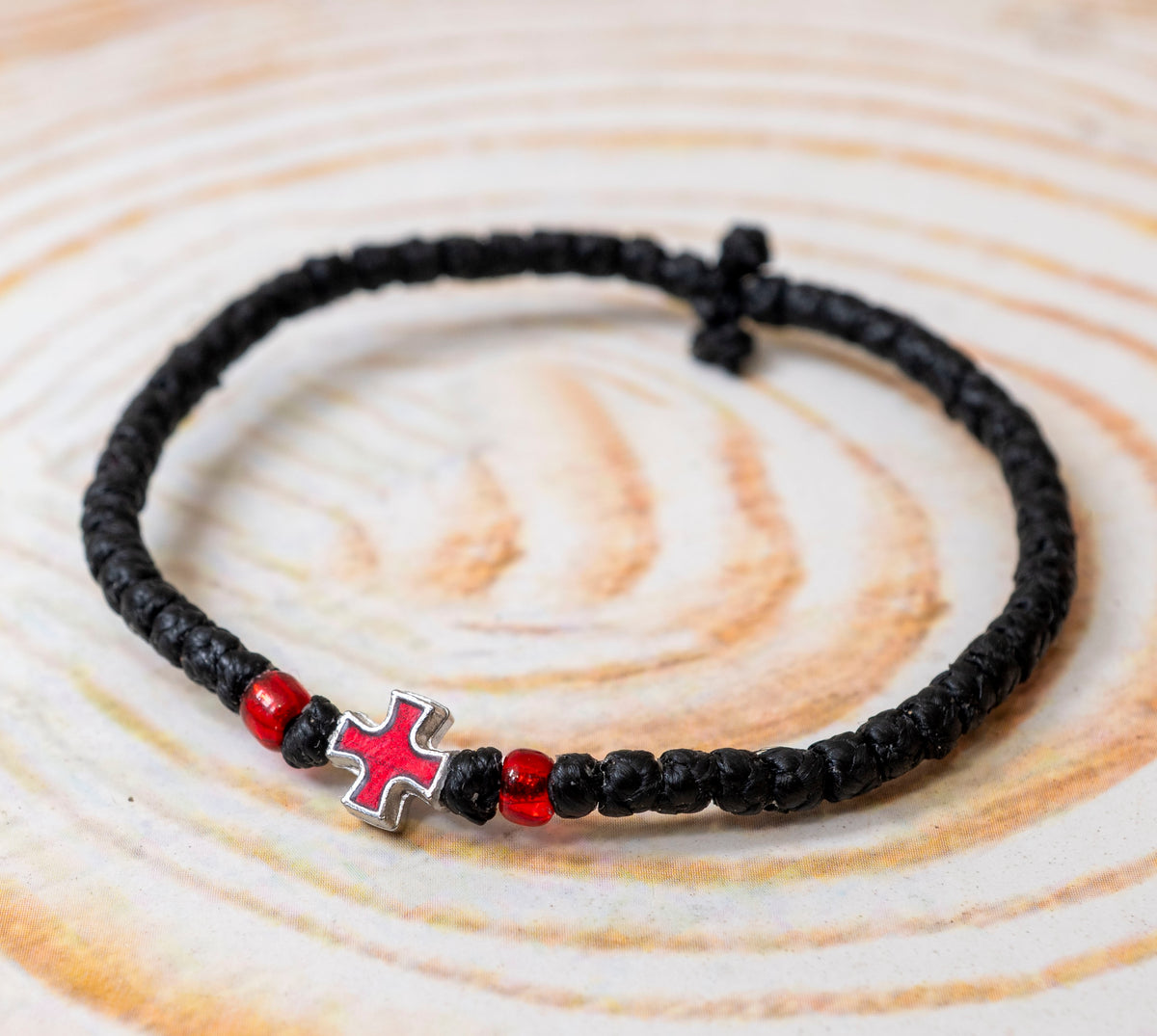 Prayer Rope Komboskini Bracelet with Red Enamel Metal Cross and Red Beads in Black - Orthodox - Waxed Cord - 50 Knots - 1 Piece
