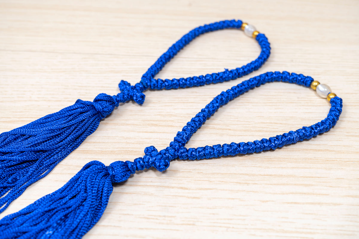 Blue 50 knots prayer rope komboskini with cross tassel and accent bead made in Greece