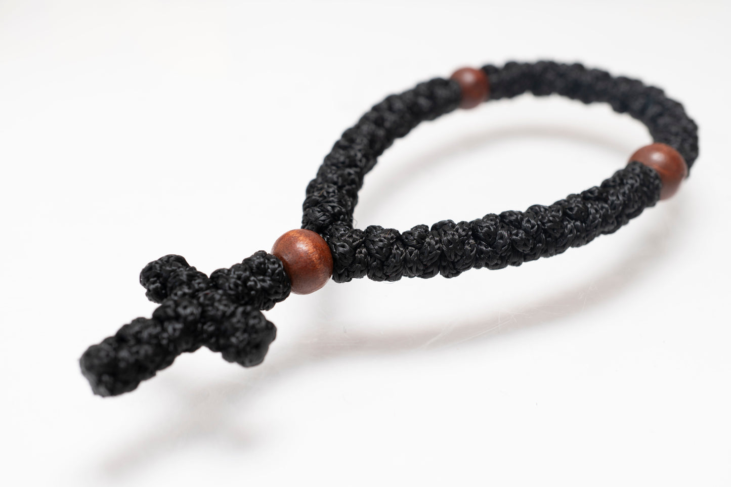 Hand knotted black prayer rope komboskini with 33 knots and wooden beads made in Greece
