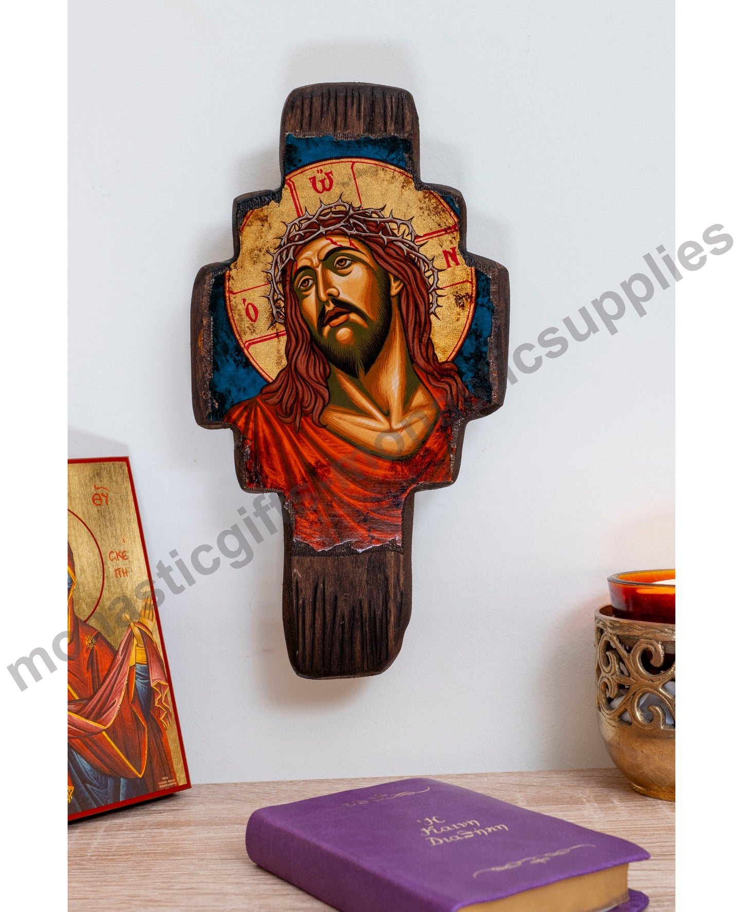 Jesus Christ The Bridegroom icon on Wooden Wall Cross with ,Handmade Religious
