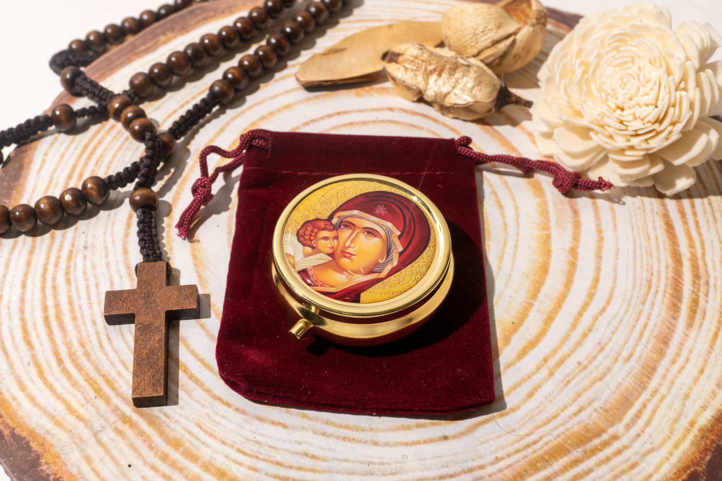 Round Metal Pill Box with Virgin Mary and Jesus Christ Icon and Velvet Pouch - 5 cm (1.96 in) Diameter