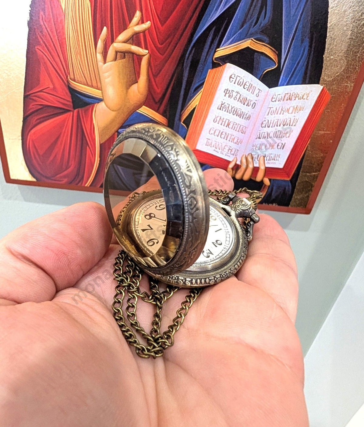 Pocket Watch Clear Cover IC XC NIKA Cross Dial Antique Bronze Case