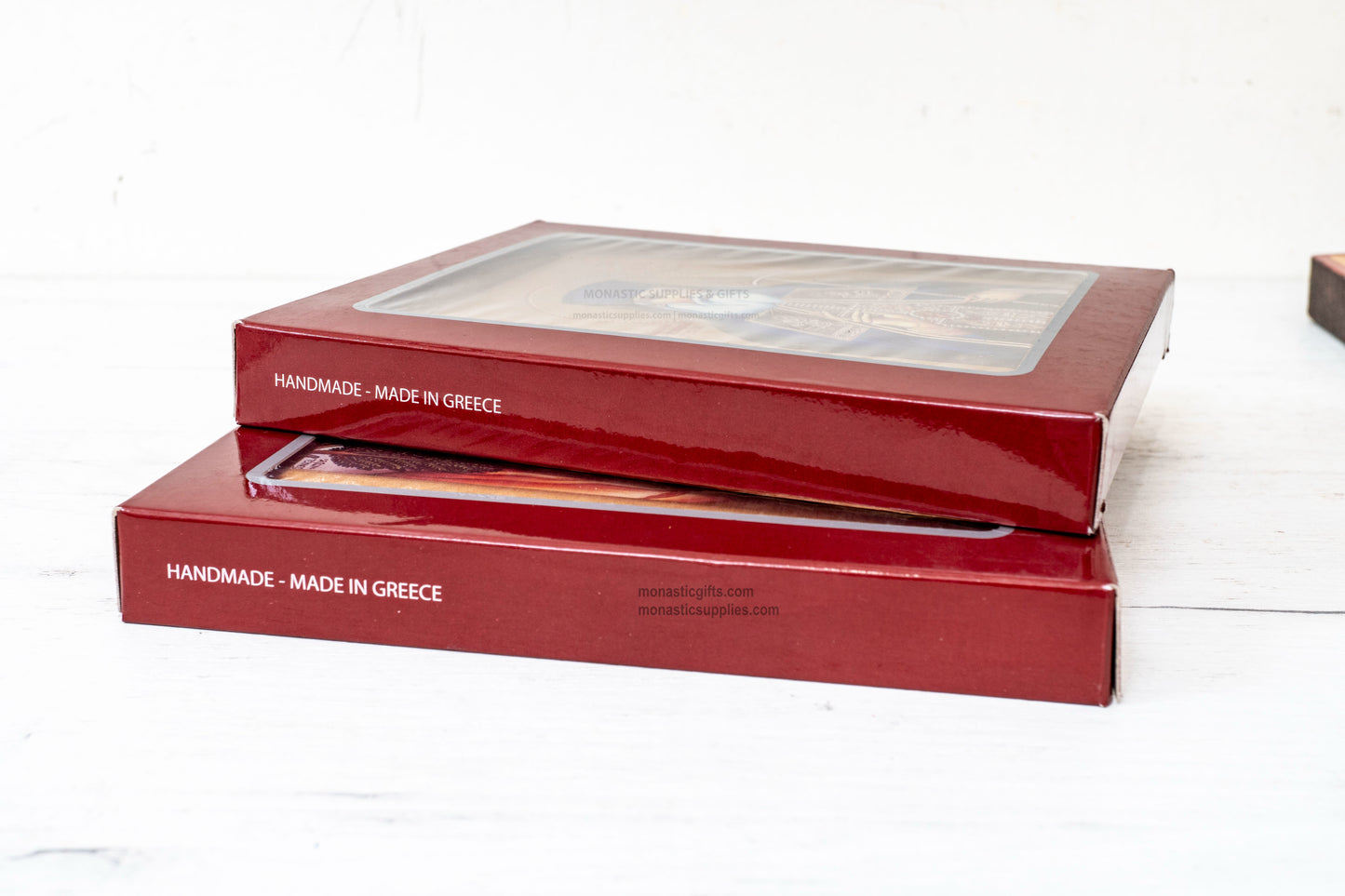 Premium luxury red gift boxes with a clear viewing window for the handmade Greek Byzantine icons
