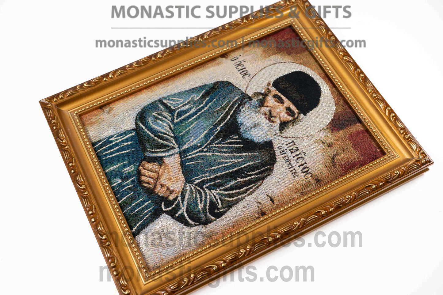 Saint Paisios the Athonite Handmade Embroidered Framed Byzantine Icon for Home Iconostasis
