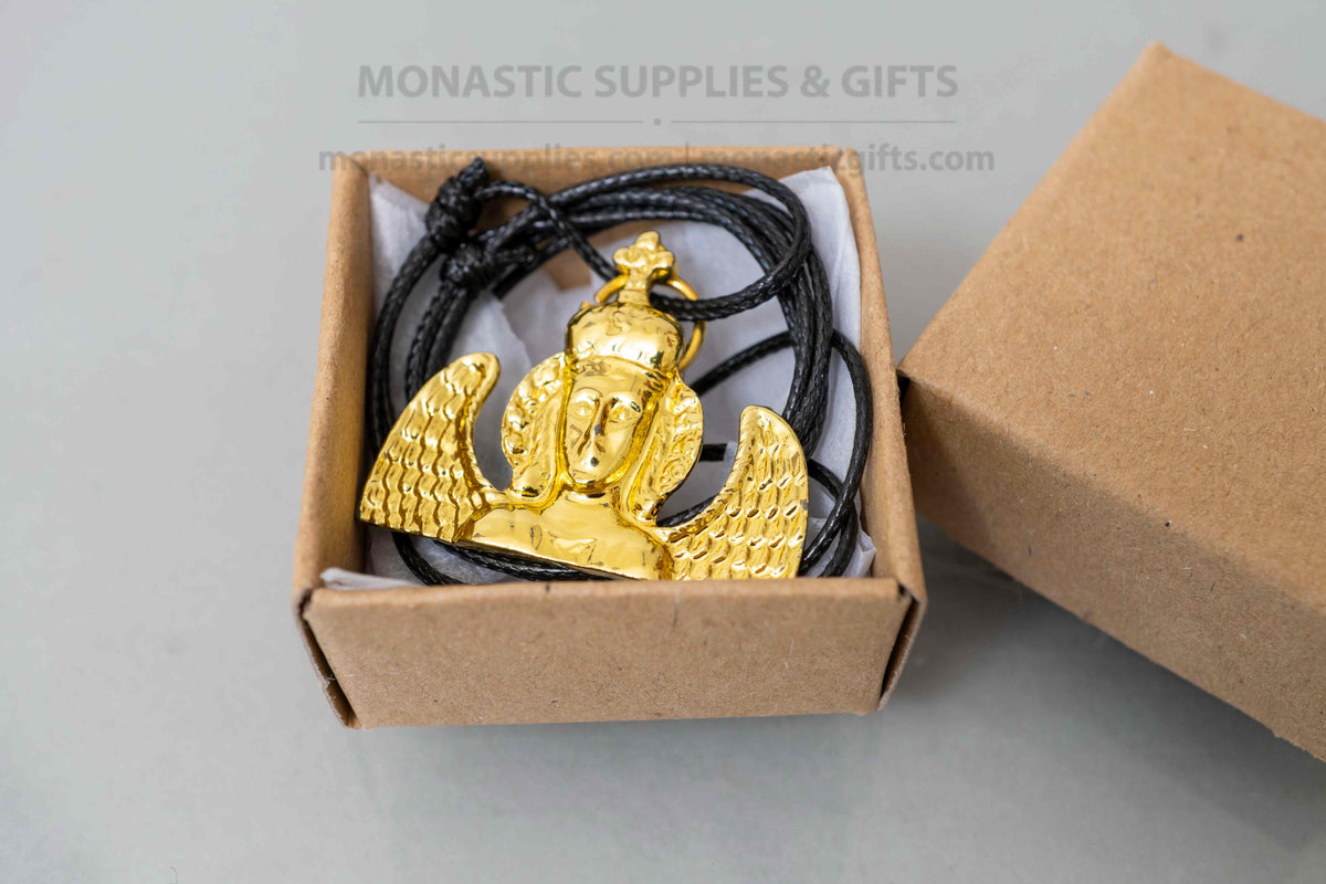 Archangel Michael Panormitis pendant necklace gold tone metal on adjustable cord with kraft gift box handmade in Greece