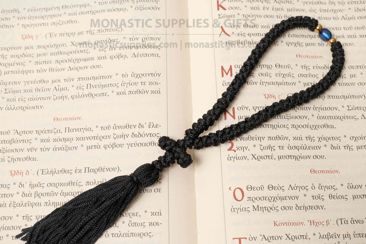 Black 50 knot prayer rope with knotted cross tassel and blue accent bead handmade Christian komboskini made in Greece
