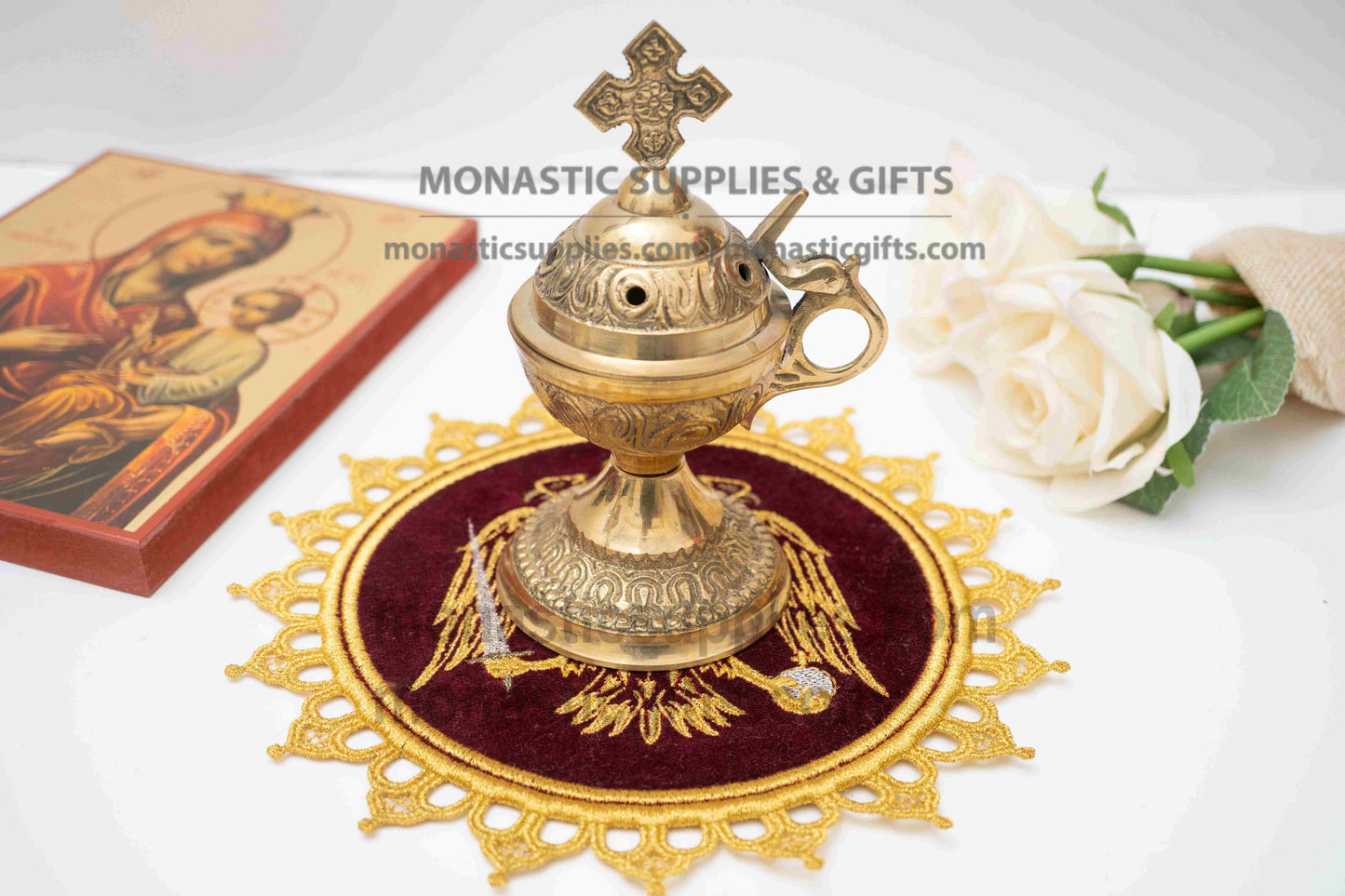 Handcrafted round burgundy velvet altar mat ripidion with gold embroidered Byzantine double-headed eagle 16 cm (6.29 in) made in Greece (1 piece)