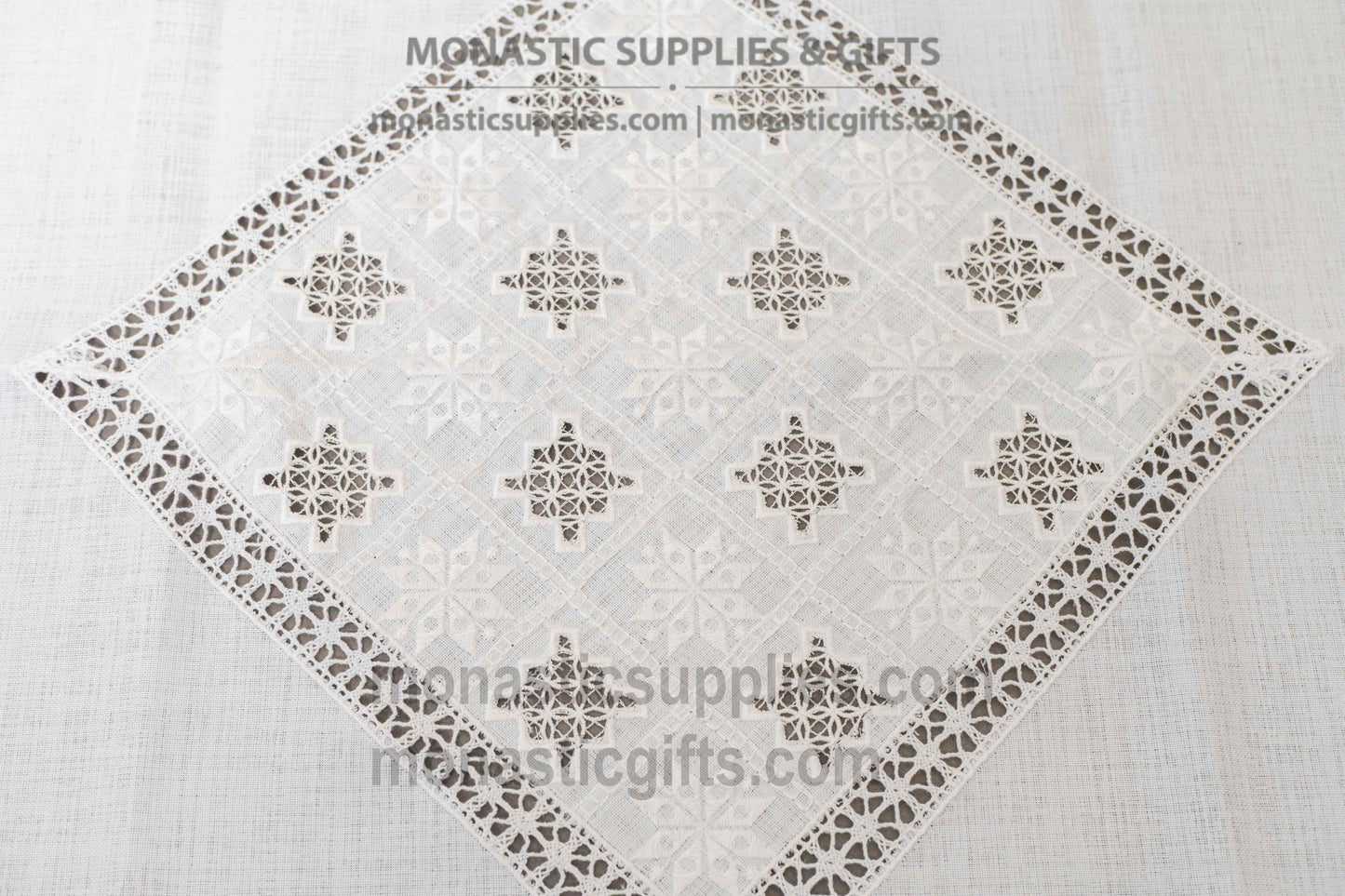 Square Linen Artoklasia Basket Cover Cloth with Embroidered Crosses & Lace Trim - 90x90 cm (35.43x35.43 in) - 1 Piece
