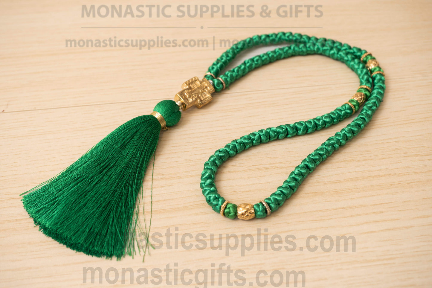 Handcrafted Green Silk Orthodox Prayer Rope 100 Knots with Gold Plated Virgin Mary Cross & Beads (45cm - 17.7in)