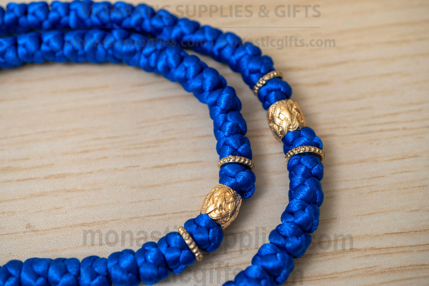 Handcrafted Blue Silk Orthodox Prayer Rope 100 Knots with Gold Plated Virgin Mary Cross & Beads (45cm - 17.7in)