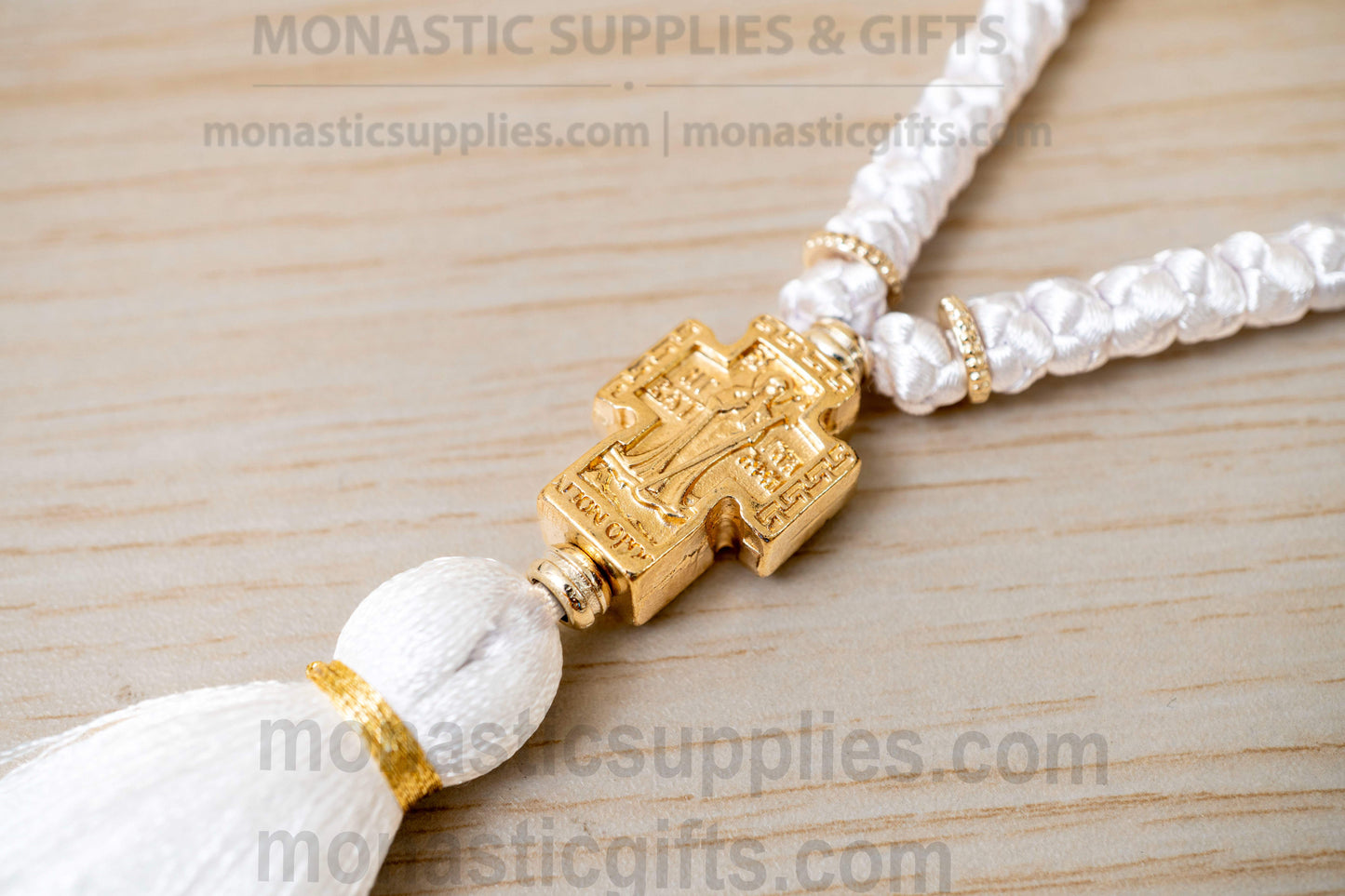 Handcrafted White Silk Orthodox Prayer Rope 100 Knots with Gold Plated Virgin Mary Cross & Beads (45cm - 17.7in)