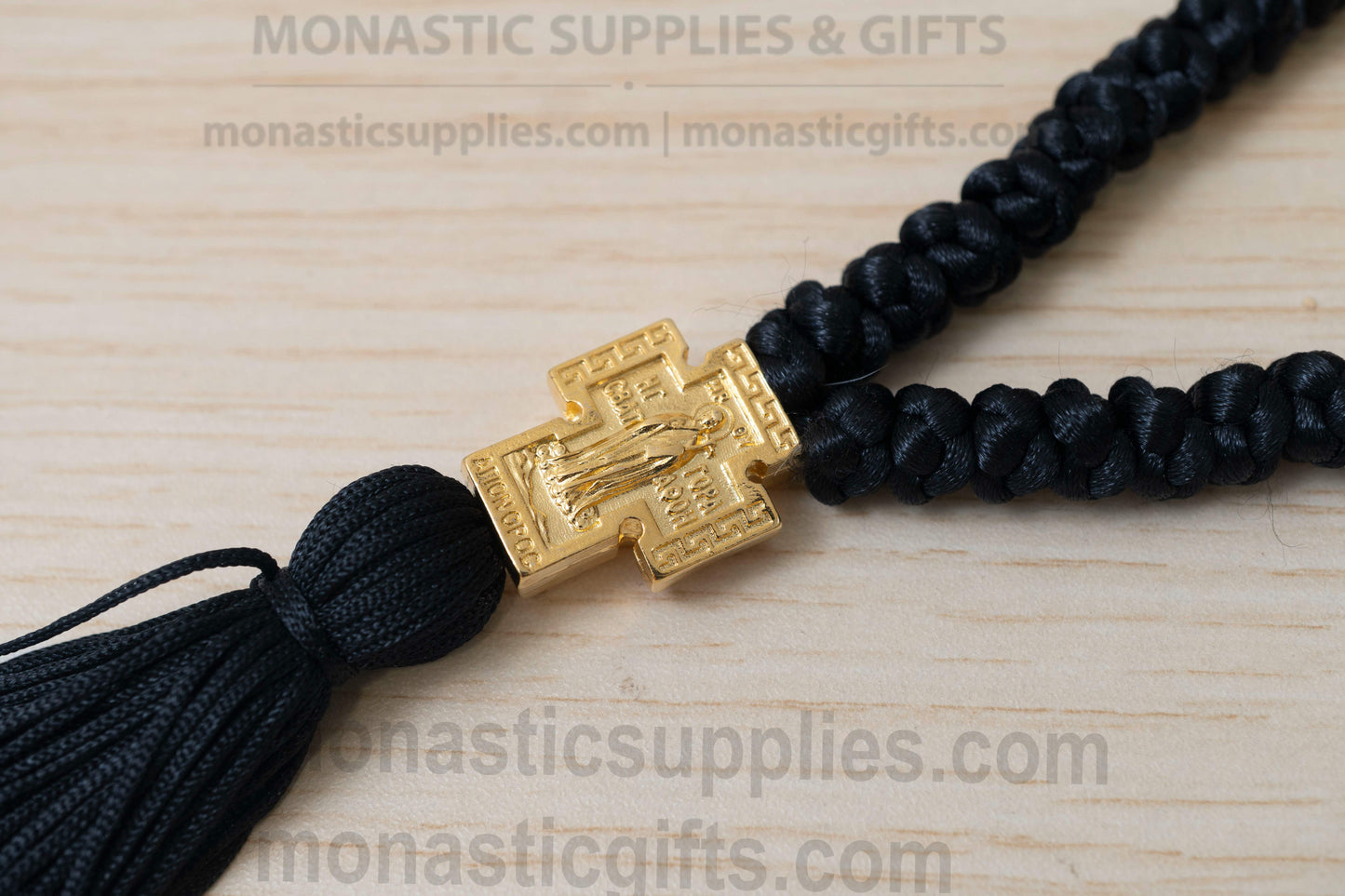 Handcrafted Black Silk Orthodox Prayer Rope 100 Knots with Gold Plated Virgin Mary Cross & Beads (45cm - 17.7in)