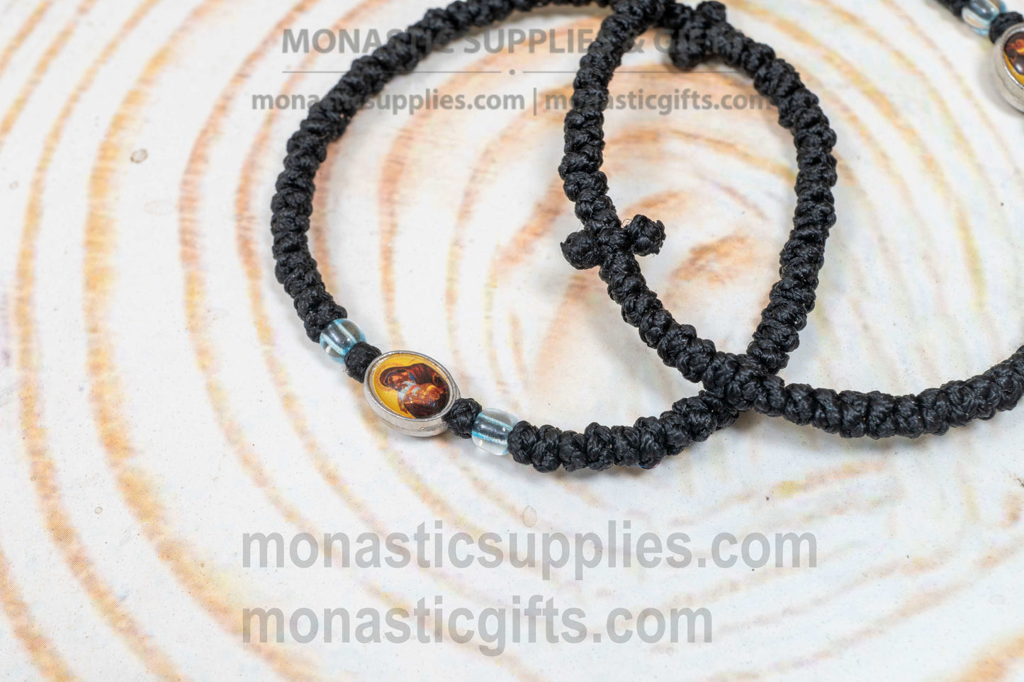 Prayer Rope with Tiny Icon Virgin Mary - Waxed 33 Knots Handcrafted Orthodox Black Komboskini Bracelet