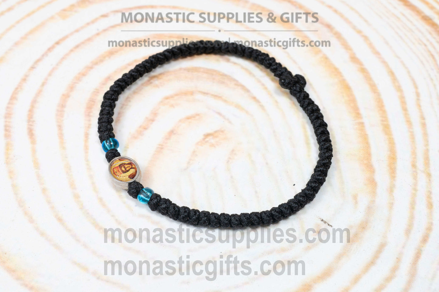 Prayer Rope with Tiny Icon Archangel Michael - Waxed 33 Knots Handcrafted Orthodox Black Komboskini Bracelet