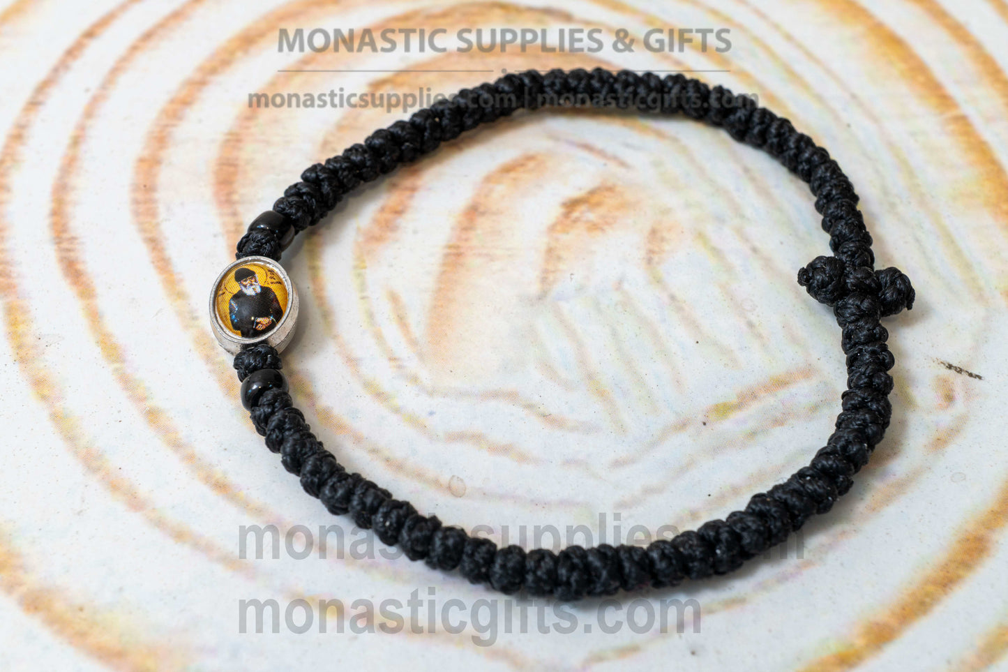 Prayer Rope with Tiny Icon Saint Paisios - Waxed 33 Knots Handcrafted Orthodox Black Komboskini Bracelet