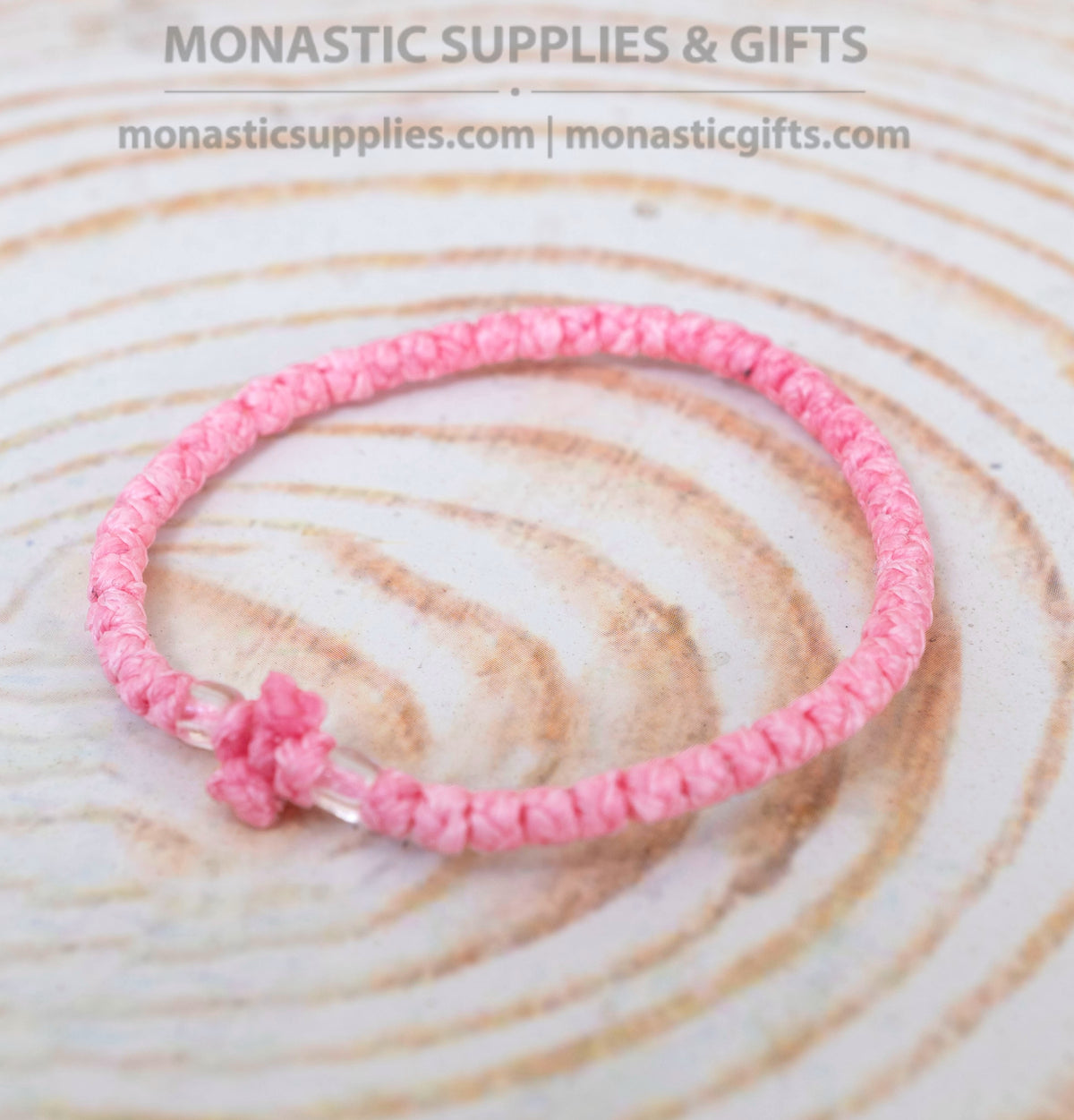 Prayer Rope Komboskini Bracelet with Knotted Cross and Clear Beads in Baby Pink - Orthodox - Waxed Cord - 50 Knots - 1 Piece