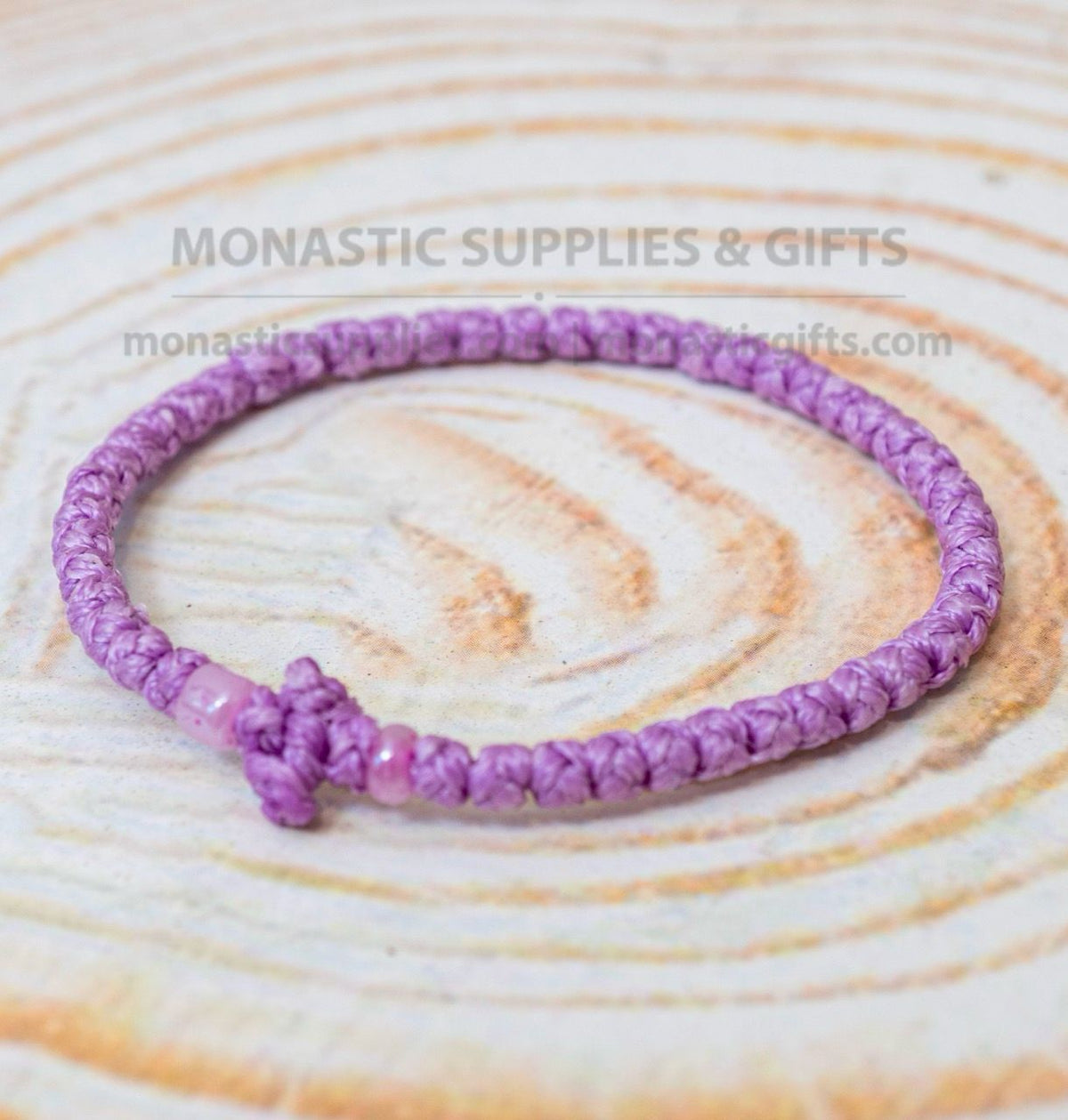 Prayer Rope Komboskini Bracelet with Knotted Cross and Shimmer Beads in Lilac Purple - Orthodox - Waxed Cord - 50 Knots - 1 Piece