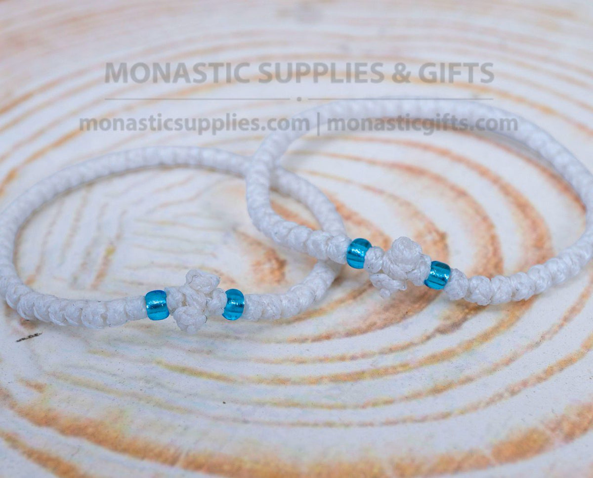 Prayer Rope Komboskini Bracelet with Knotted Cross and Blue Beads in White - Orthodox - Waxed Cord - 50 Knots - 1 Piece