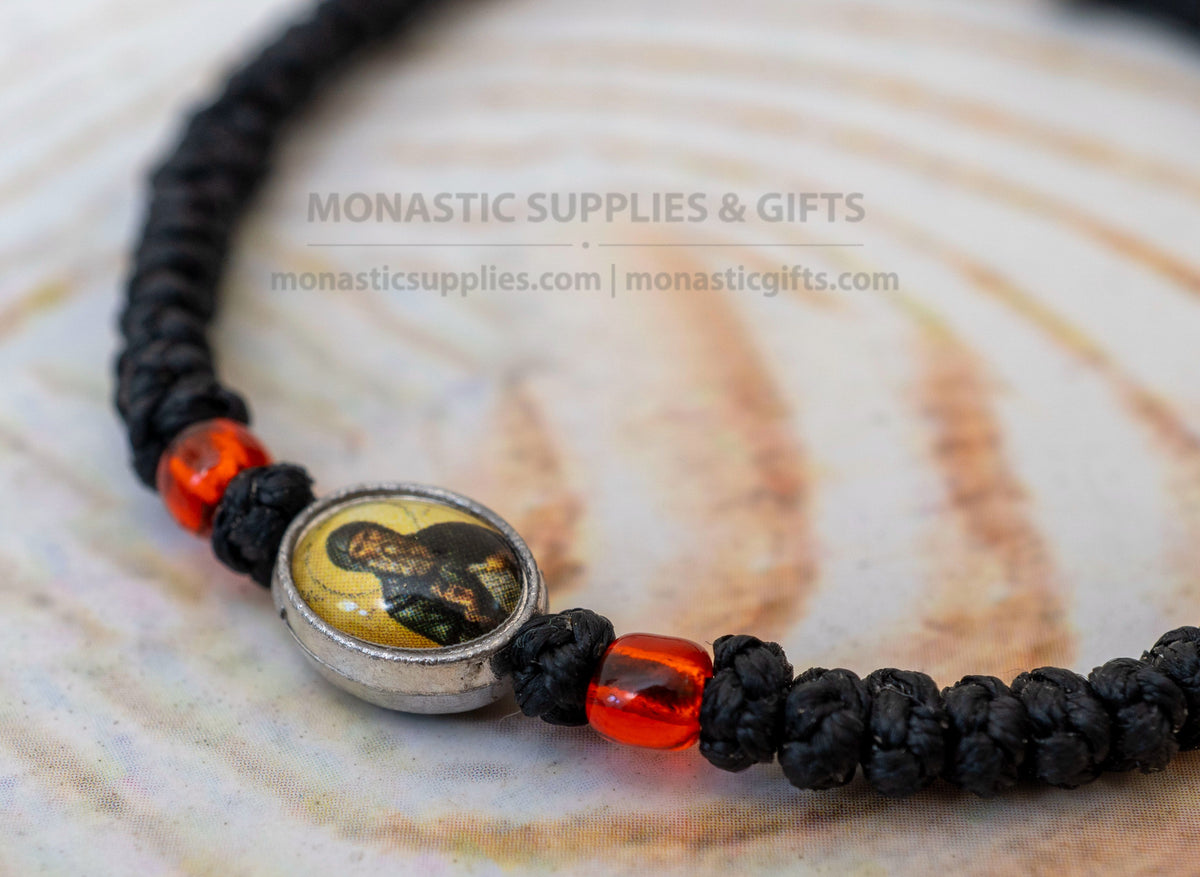 Prayer Rope Komboskini Bracelet with Saint David Icon and Amber Red Beads in Black - Orthodox - Waxed Cord - 50 Knots - 1 Piece
