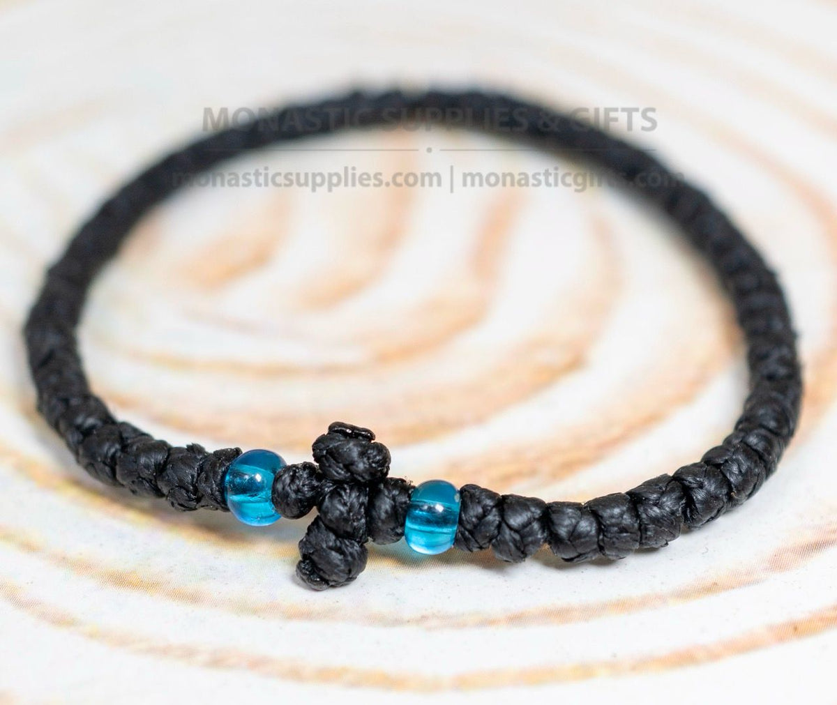 Prayer Rope Komboskini Bracelet with Knotted Cross and Crystal Blue Beads in Black - Orthodox - Waxed Cord - 50 Knots - 1 Piece