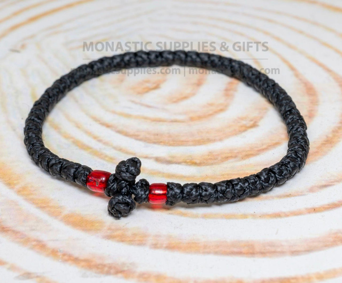 Prayer Rope Komboskini Bracelet with Knotted Cross and Red Beads in Black - Orthodox - Waxed Cord - 50 Knots - 1 Piece
