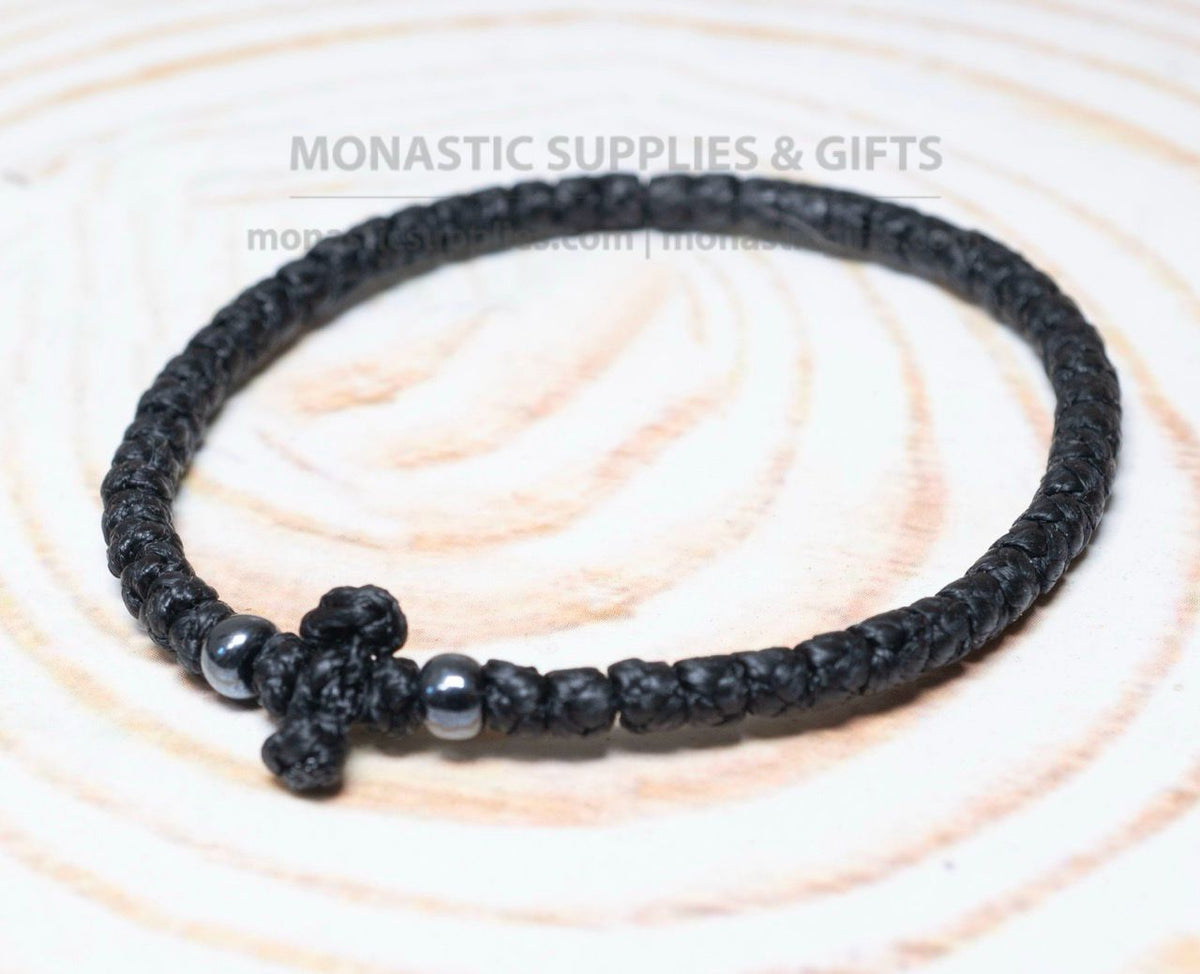 Prayer rope komboskini bracelet 1 piece with 50 knots knotted cross and hematite beads in black waxed cord orthodox made in Greece