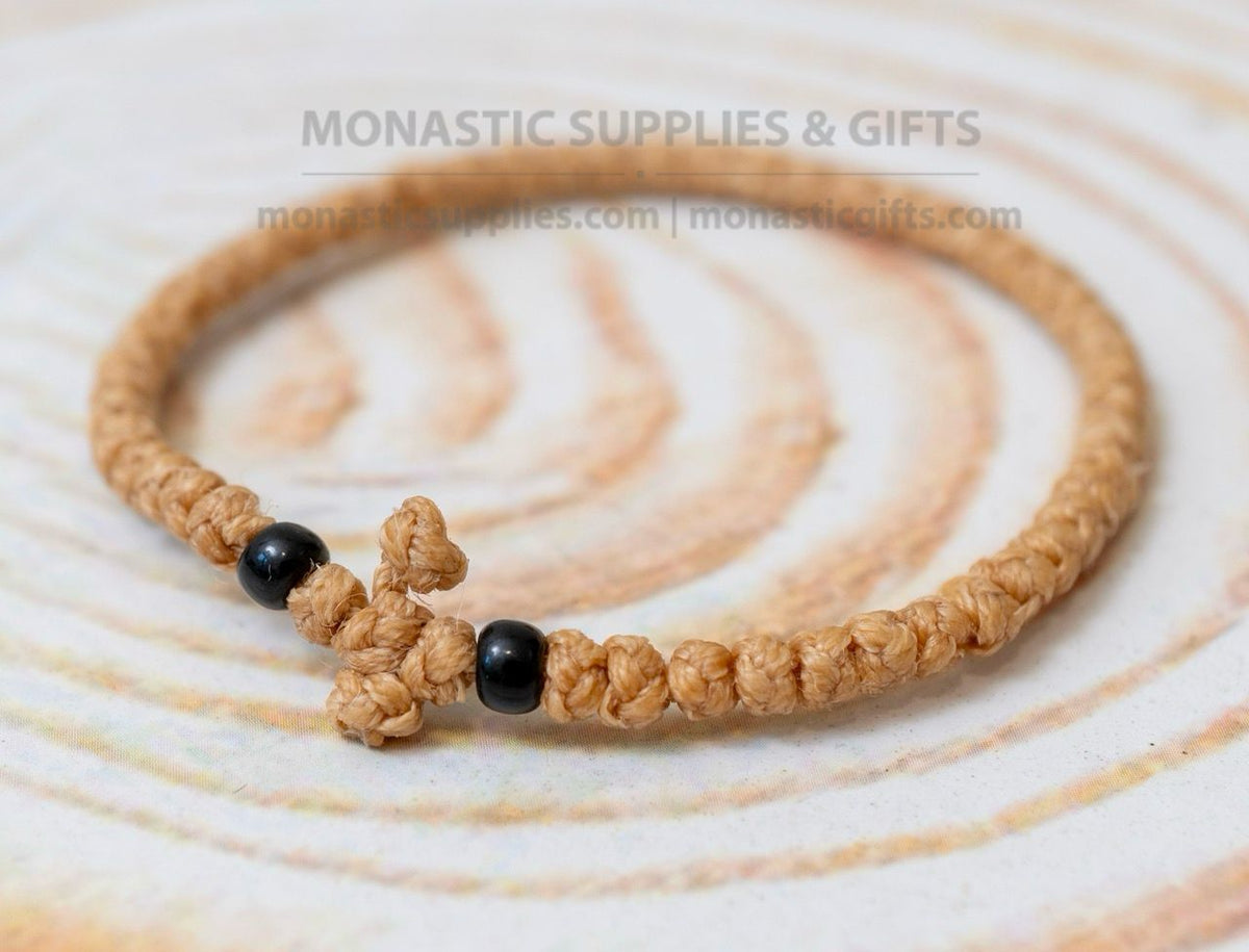 Prayer Rope Komboskini Bracelet with Knotted Cross and Black Beads in Beige - Orthodox - Waxed Cord - 50 Knots - 1 Piece