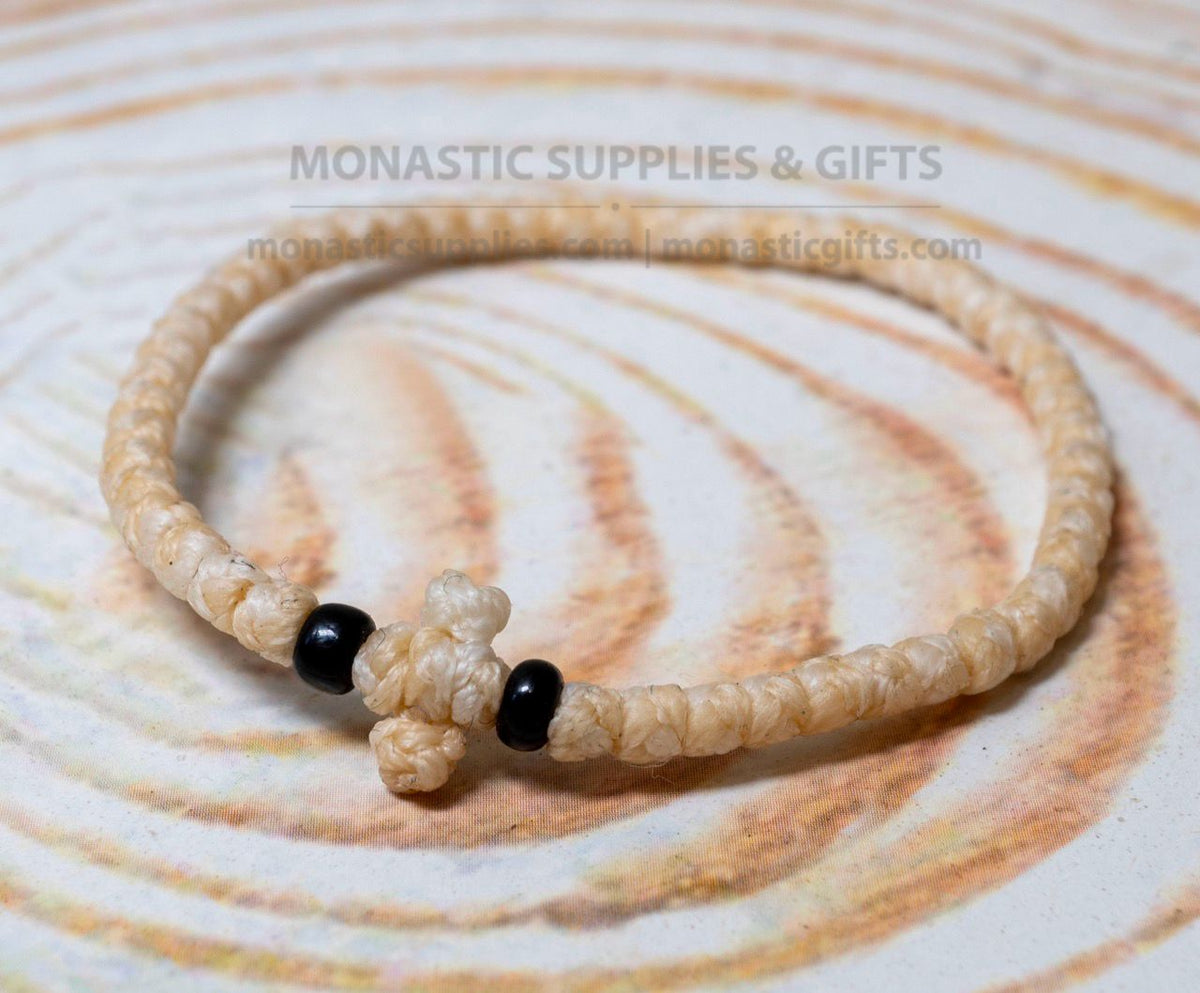 Prayer Rope Komboskini Bracelet with Knotted Cross and Black Beads in Ecru - Orthodox - Waxed Cord - 50 Knots - 1 Piece