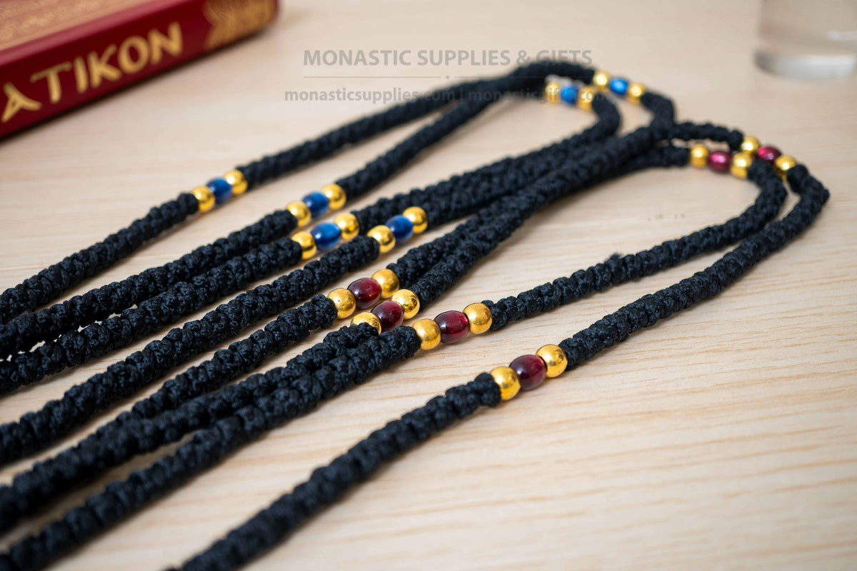 Monastic Orthodox Prayer Rope with Tassel, Knotted Cross and Translucent Blue Beads in Black - Greek Chotki - 100 Knots - 1 Piece