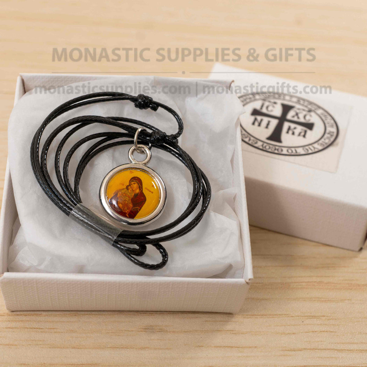 Virgin Mary Glykofilousa Pendant Necklace on Adjustable Cord - Double Sided Icon - Handmade Orthodox Gift Box - 1 Piece