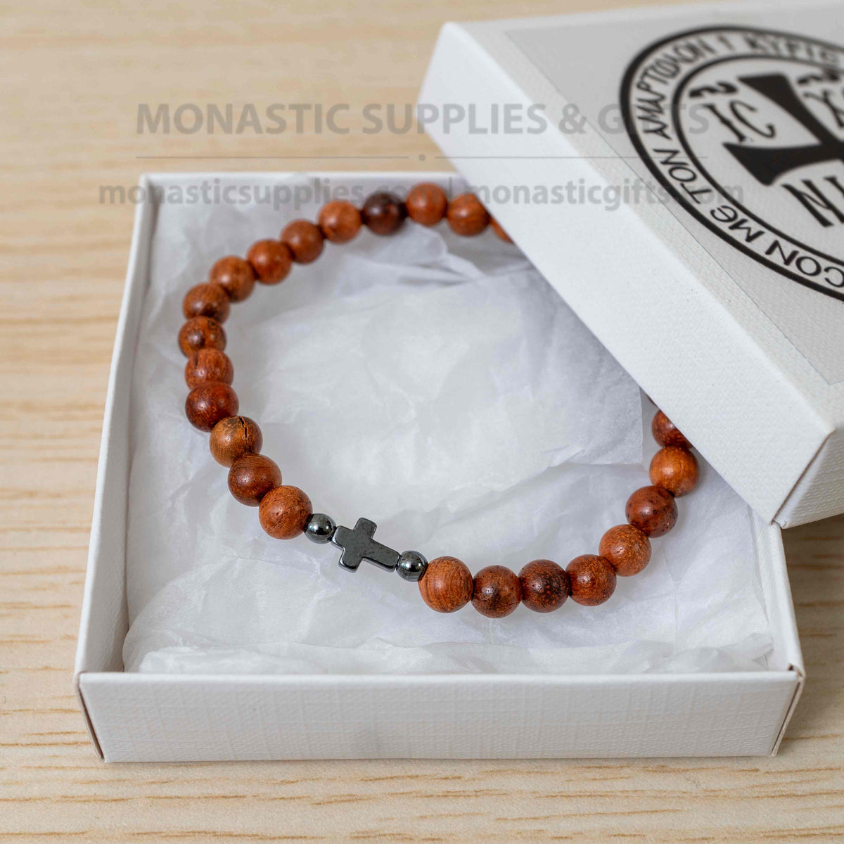 Wood bead prayer bracelet with natural hematite stone cross handmade elastic stretch band made in Greece