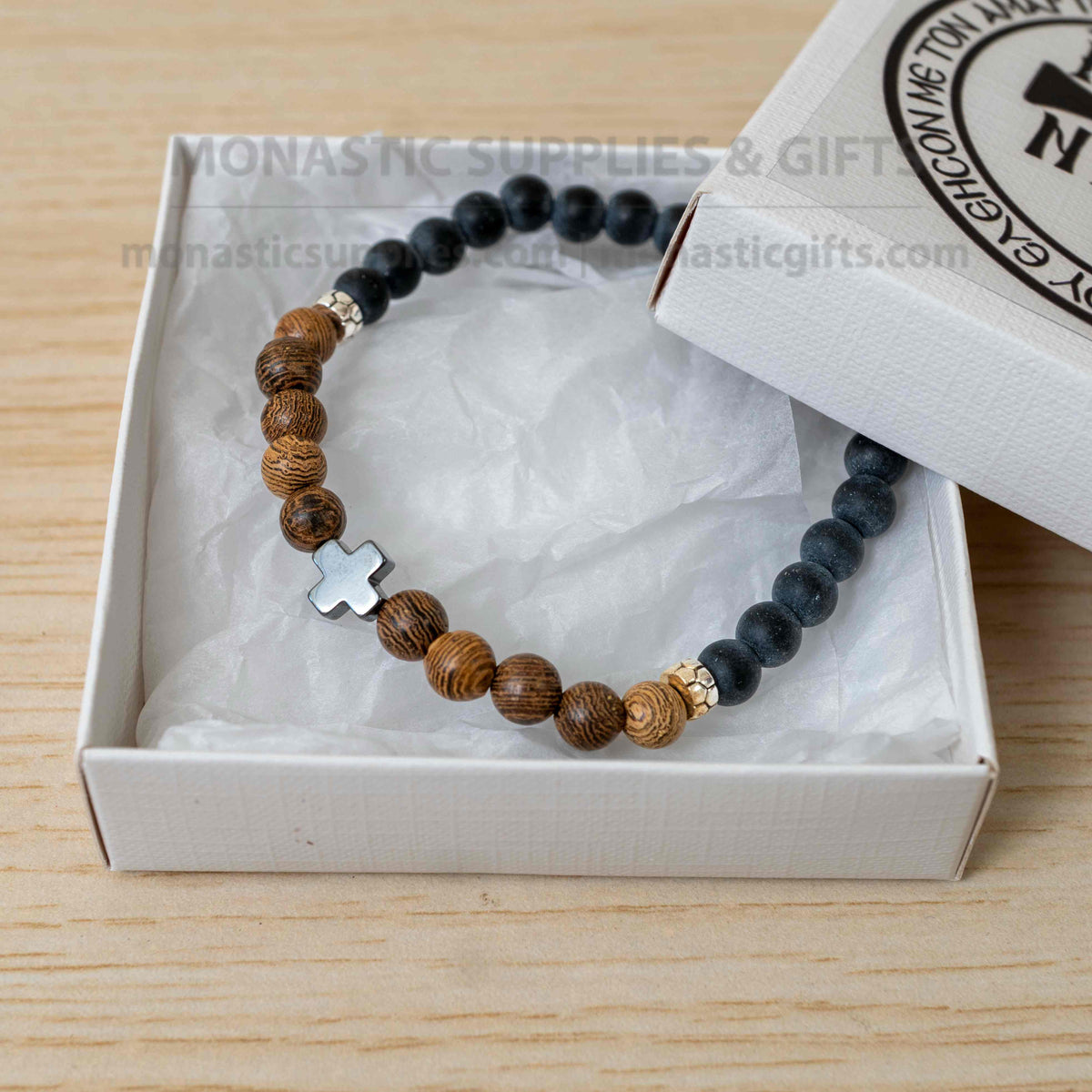 Lava Stone and Wood Bead Prayer Bracelet with Hematite Cross - Handmade Elastic Stretch Band in Orthodox Gift Box - 1 Piece