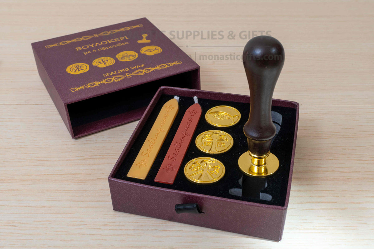 Christian Wax Seal Stamp Kit with 4 Interchangeable Heads - IC XC NIKA, Chi-Rho, Byzantine Eagle, Ichthys - Sealing Wax Set in Luxury Box - 1 Set
