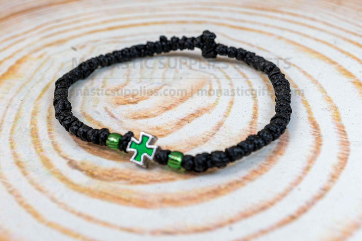 Prayer Rope Komboskini Bracelet with Green Enamel Cross - Black Handmade Orthodox Wristband