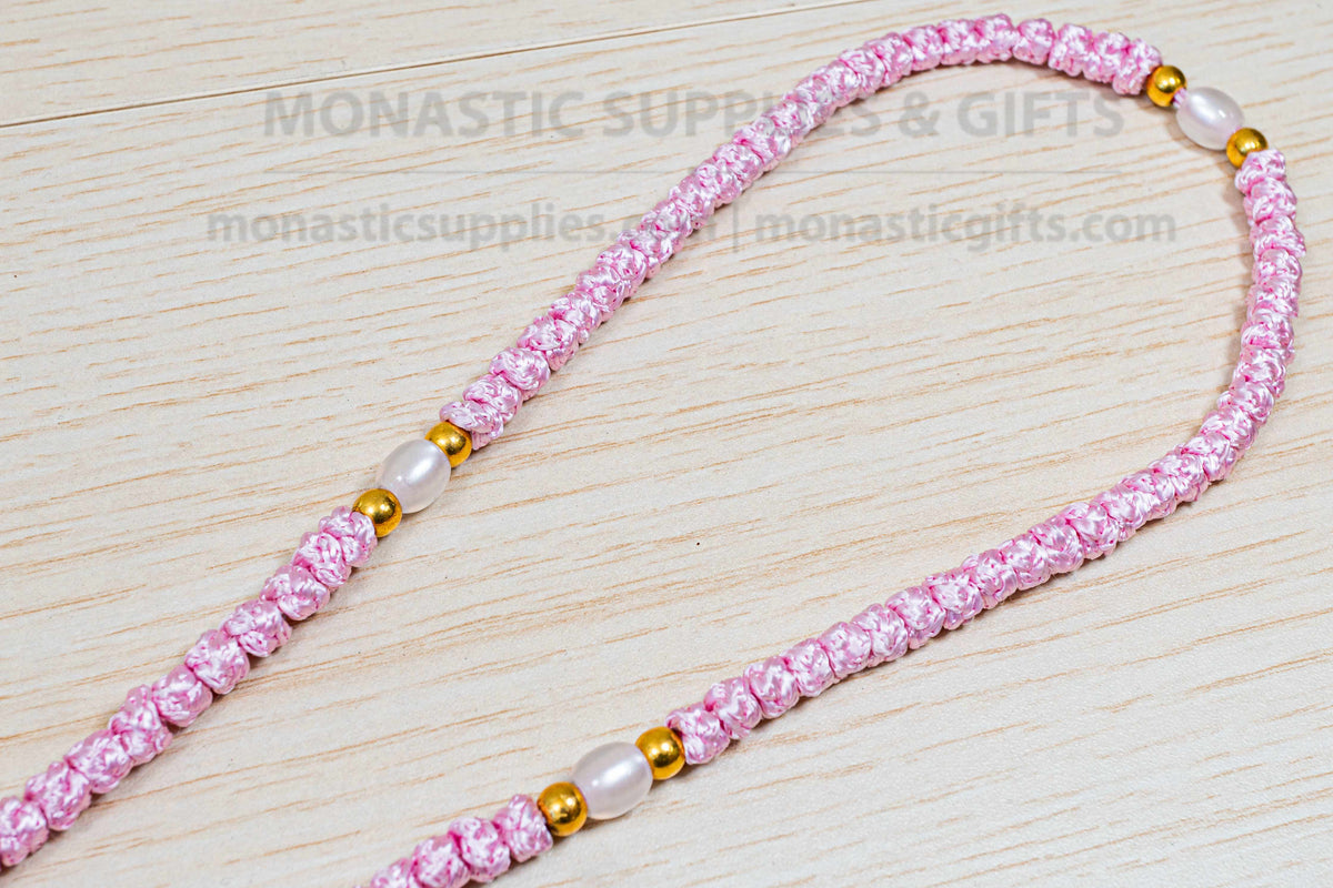 Prayer Rope 100 Knots Komboskini - Pink Handmade Orthodox Cord with White Beads & Cross
