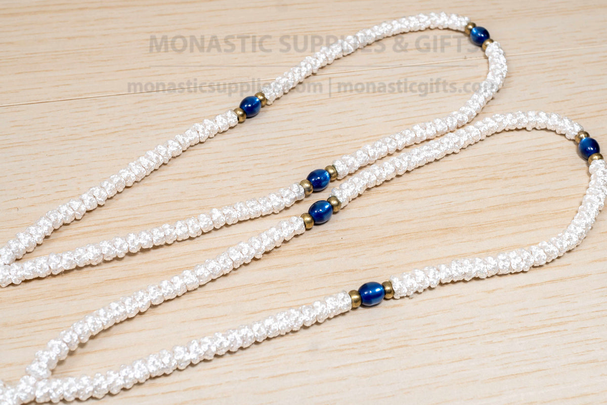 Prayer Rope 100 Knots Komboskini - White Handmade Orthodox Cord with Blue Beads & Cross