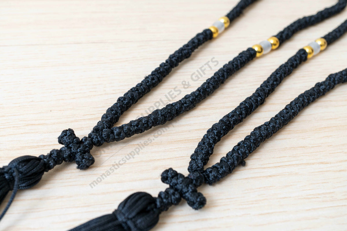 Monastic Prayer Rope with Tassel, Knotted Cross and White Beads in Black - Chotki - 100 Knots